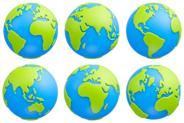 Set of cute cartoon planet Earth in different views on white background. Earth globe 3d icon set. 3d rendering - obrazy, fototapety, plakaty