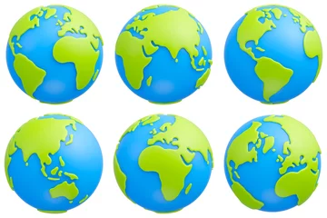 Fotobehang Set of cute cartoon planet Earth in different views on white background. Earth globe 3d icon set. 3d rendering © 3d_kot