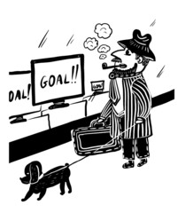 drawing picture of an elderly man with a pipe and a poodle on a leash watching a football match on the street in the window of an electronics store, during the championship, sketch, hand drawn comic c