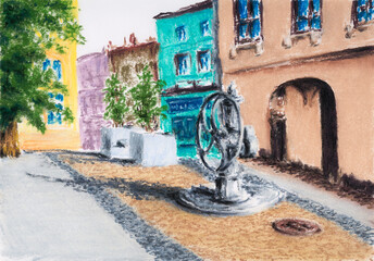Ancient square with water pump. Soft pastel on paper.