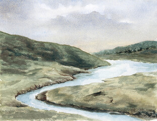 River meander. Watercolor on paper.
