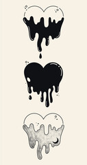 Set of three stylish illustrations. Black logo light background. Hand drawn dot ink templates. Icons for decoration and design with hearts, smudges and drops.