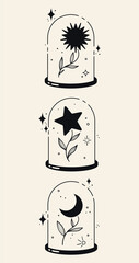 Set of three stylish illustrations. Black logo light background. Hand drawn dot ink templates. Icons for decoration and design with glass dome, flowers, stars.