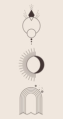 Set of three stylish illustrations. Black logo light background. Hand drawn dot ink templates. Icons for decoration and design with sun, rays, stars in boho style.