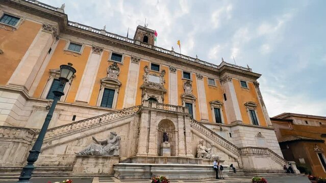 Dolly shot of Piazza del Campidoglio with Capitoline Hill one of the Seven Hills of Rome.