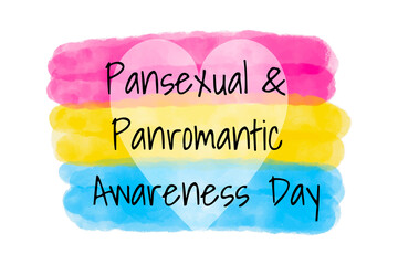 Pansexual Panromantic Awareness Day - horizontal vector banner design with watercolor textured Pansexual Panromantic flag with heart, LGBTQ community group, symbol of pansexuality