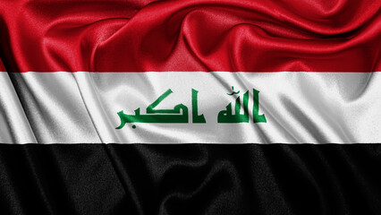 Close up realistic texture fabric textile silk satin flag of Iraq waving fluttering background. National symbol of the country. 3rd of October, Happy Day concept
