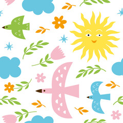 Seamless pattern with  birds, sun and flowers. Fabric pattern, kids apparel print