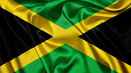 Close up realistic texture fabric textile silk satin flag of Jamaica waving fluttering background. National symbol of the country. 6th of August, Happy Day concept
