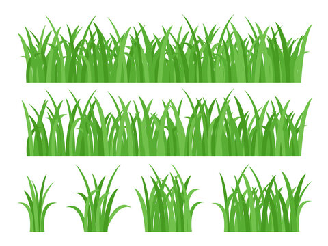 Set bright juicy green summer grass. Crochet herbal border. Greenery decoration bundle. Meadow natural herbs, lawn vector illustration