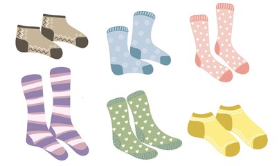 Set of different socks.Warm woolen and cotton socks with cute patterns. Vector illustration