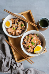 Homemade Japanese meal. Butadon Pork Yakiniku Rice Ajitsuke Tamago. Delicious lunch or dinner meals.