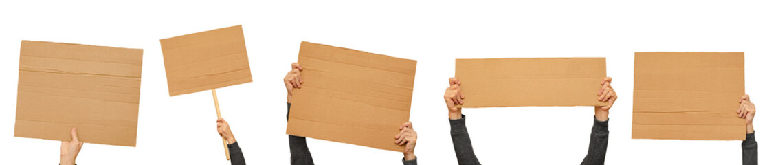 Posters of cardboard in his hands. Isolated on white. Set. Copy space. - obrazy, fototapety, plakaty