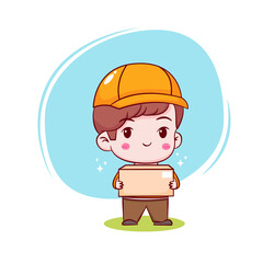 Cute cartoon of delivery man holding package. Hand drawn chibi character isolated background.