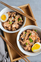 Homemade Japanese meal. Butadon Pork Yakiniku Rice Ajitsuke Tamago. Delicious lunch or dinner meals.