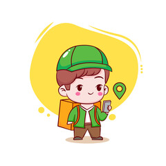 Cute cartoon of delivery man finding location. Hand drawn chibi character isolated background.
