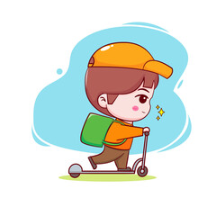 Cute cartoon of delivery man riding scooter. Hand drawn chibi character isolated background.