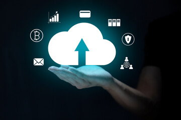 Person touching virtual screen, digital transformation management concept. Internet of Things, Big Data and Business Processes, Automation, Storage Systems, Cloud Computing.