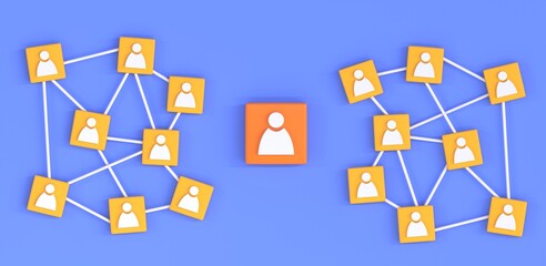 HR management, business network and communication, 3d render. Yellow square blocks with people icons connected by white lines, manager or leader of company in center. Teams working on new projects