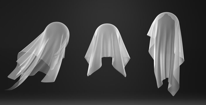 White transparent silk cloth on black background. 3D set of ghost sheet costume, spirit or phantom silhouette, Halloween spooky character. Flying satin fabric, dynamic textile object, minimal concept