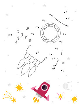 Space activities for kids. Dot to dot game – Rocket Ship. Numbers games for kids. Coloring page. Vector illustration.