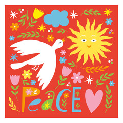 Card with white bird on red background. Peace symbol illustration