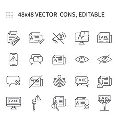 Simple vector line icons. On the topic of fake news, contain icons such as newspaper, fake news, news, fake, protest, fake documents, and more. - obrazy, fototapety, plakaty