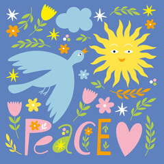 Card with  bird on blue background. Peace symbol illustration