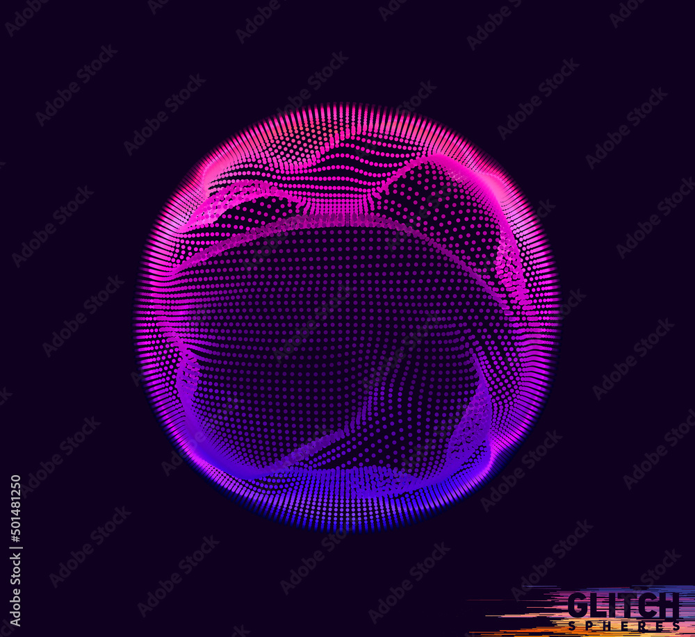 Poster corrupted violet point sphere. abstract vector colorful mesh on dark background. futuristic style ca