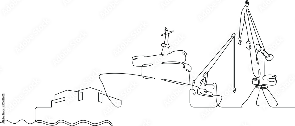 Poster one continuous line. cargo seaport. pier with loading cranes. unloading arrived cargoes. port dock. 