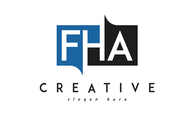FHA Square Framed Letter Logo Design Vector with Black and Blue Colors