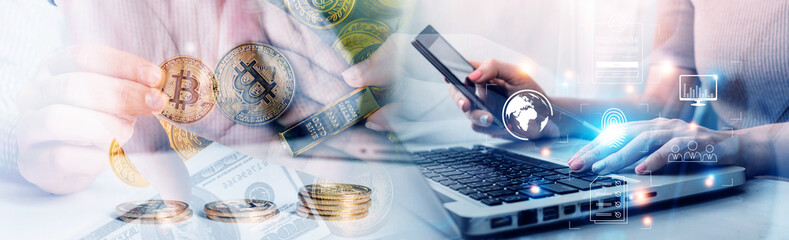 Online transactions, Businessman touching fingerprint scan provides security interface payment...