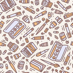 Back to school doodle style backdrop. Stationery seamless vector pattren.