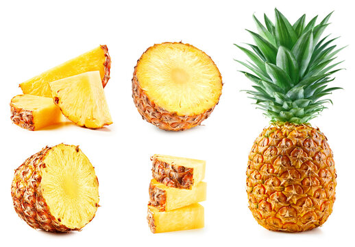 Pineapple collection isolated on white background. Taste pineapple with leaf. Full depth of field with clipping path