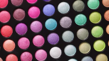 Professional multicolor eye shadow palette set. Colorful makeup close up rotating 4k video