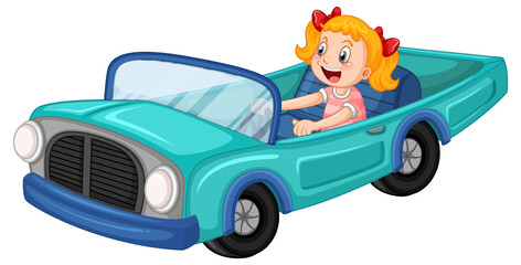 Little girl driving vintage car in cartoon design