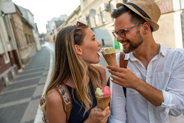Portrait of happy couple having date and fun on vacation. People travel happiness concept.
