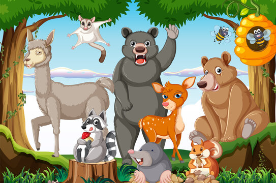 Scene with wild animals in the woods