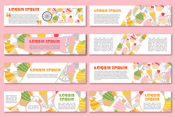Vector banners of tropical fruits with seamless pattern. Design for juices, ice cream, natural cosmetics, sweets and pastries with fruit filling, dessert menu, health products. - 501484818