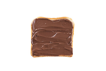 Slice of toast bread spread with chocolate hazelnut spread isolated on white, top view.