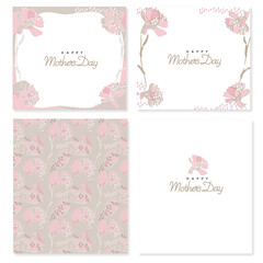 Template with seamless pattern of pink carnations vector illustration. Letterheads, shop card, shopping bag, web banners, wrapping paper. Cursive characters for Mother's Day.