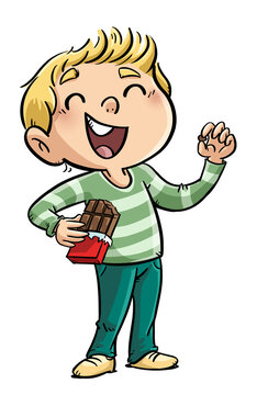 Illustration of a boy eating a rich chocolate bar