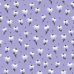 Vector seamless pattern background with bold hand drawn echinacea flowers on very peri purple background.