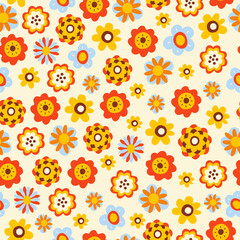 Fototapeta na wymiar Floral seamless pattern with hippie retro flowers on a light background. Trendy vector groovy design in style 60s, 70s