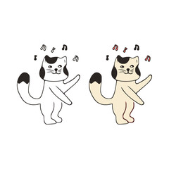Funny cat dancing with the music doodle icon. Cute pets vector art on white background.