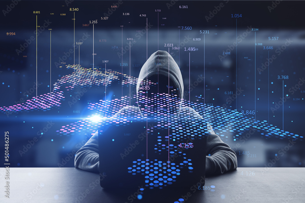 Poster Front view of hacker using computers at desktop with abstract digital map and index lines on blurry interior background. Global infographic, hacking, theft, world and location concept. 