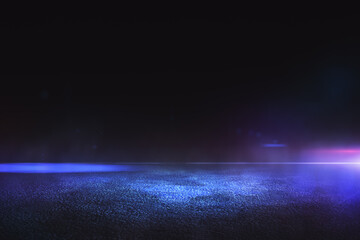 Abstract empty background with dark asphalt and neon purple, blue and pink light spots for car...