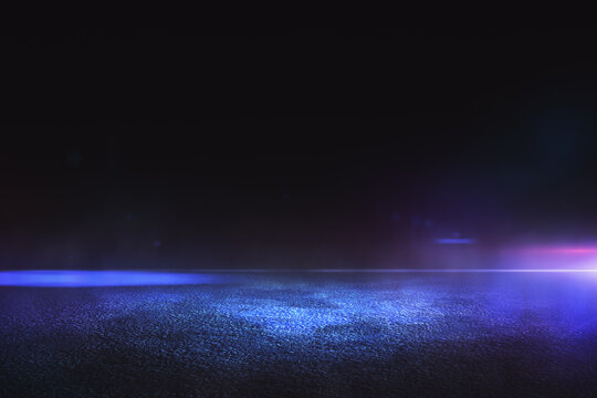 Abstract empty background with dark asphalt and neon purple, blue and pink light spots for car presentation