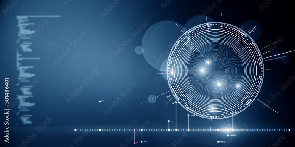Poster Futuristic blue HUD interface with glowing programming code on blurry backdrop with mock up place. Digital start up, future and technology concept. 3D Rendering.