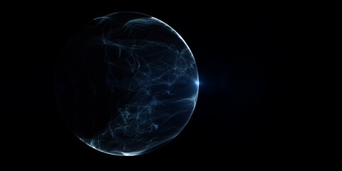Naklejka na ściany i meble sphere made of neon dots. Global network connection. Globe Grid. Worldwide communication. Futuristic earth globe. Science, technology and illustration on dark wide background with mock up place.